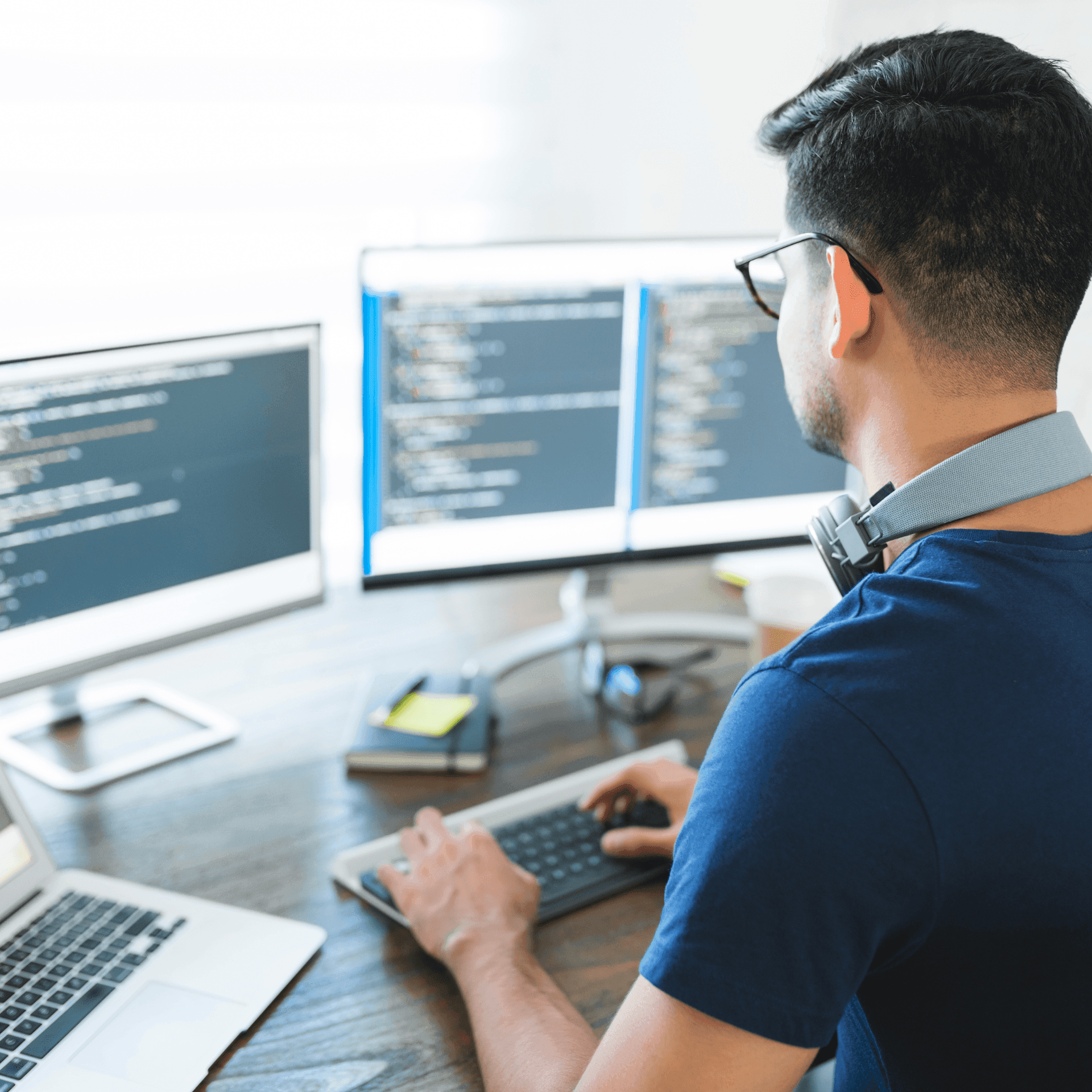 Person coding at a desk with two monitors displaying code, wearing headphones around neck.